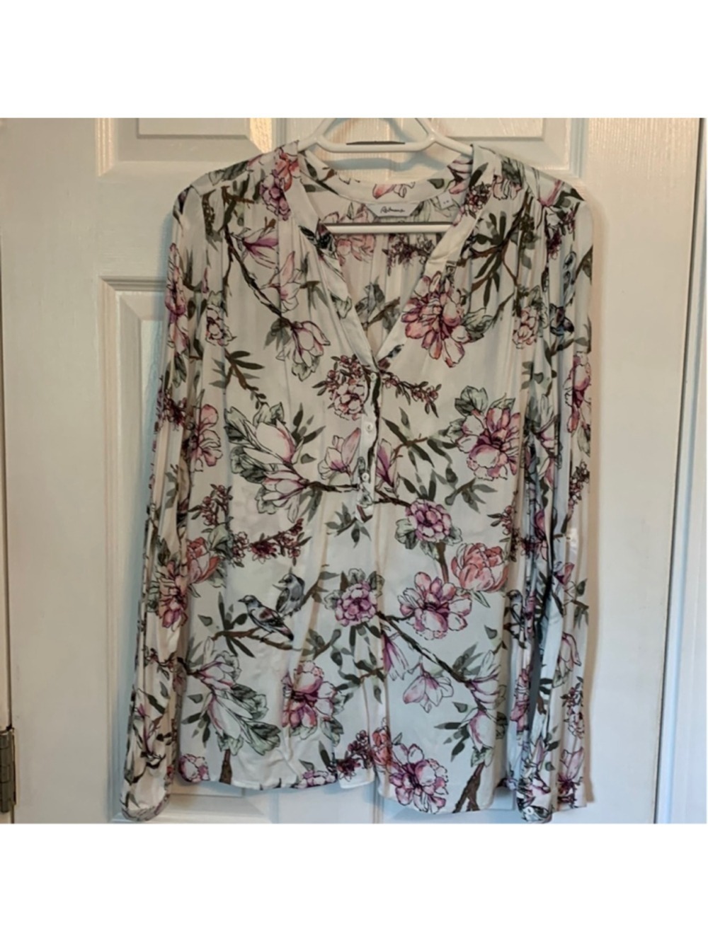 Large Reitmans floral and bird blouse